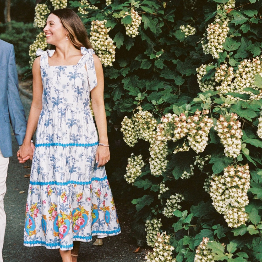 Emily lovelock Annette dress, blue white midi dress